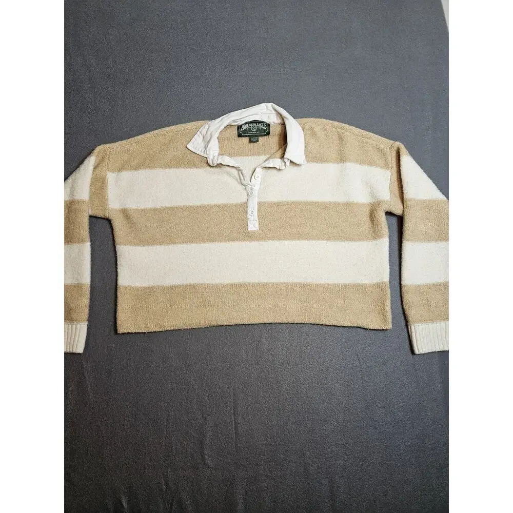 American Eagle Sweater Womens XS Tan White Striped Cropped Preppy Cozycore - Picture 1 of 7